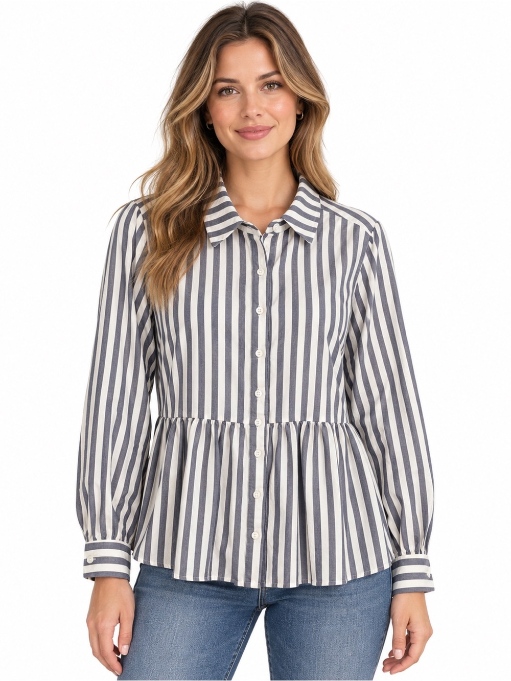 torrid Navy and White Vertical Stripe Peplum Button-Up Shirt